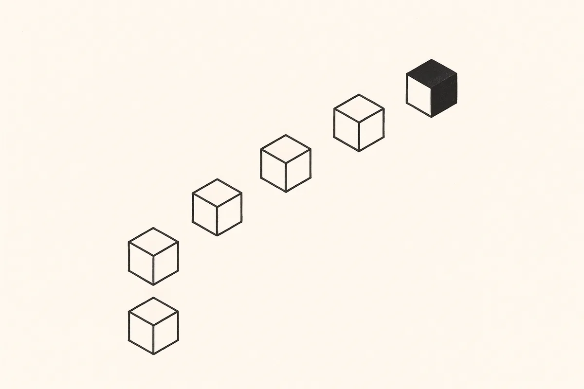 Six cube steps rising toward one highlighted cube, an abstract mark for the one-hour agenda