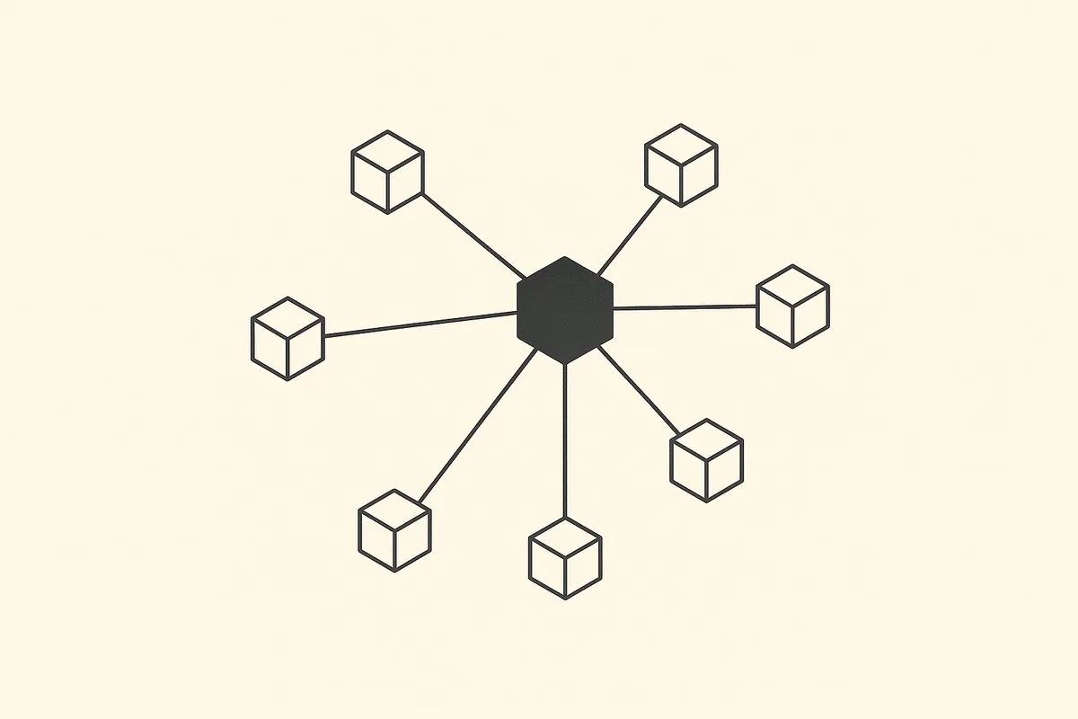 A central cube connected to surrounding cubes, an abstract mark for Claude Cowork connectors